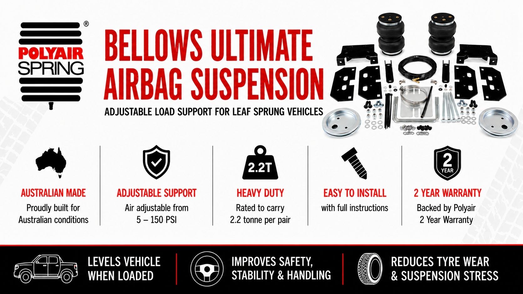 Polyair Bellows Ultimate airbag suspension kit for leaf sprung vehicles with adjustable load support