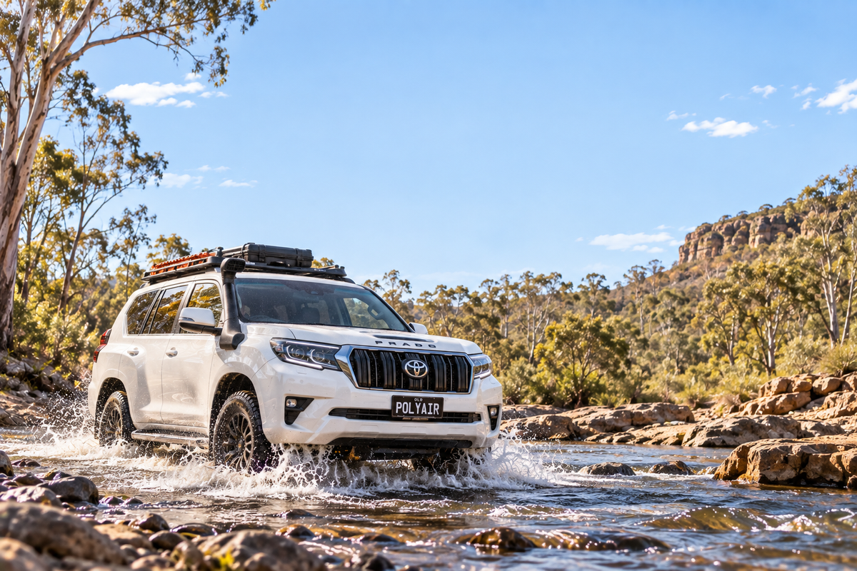 White Toyota Prado 4WD driving through a river in the Australian bush – Polyair suspension