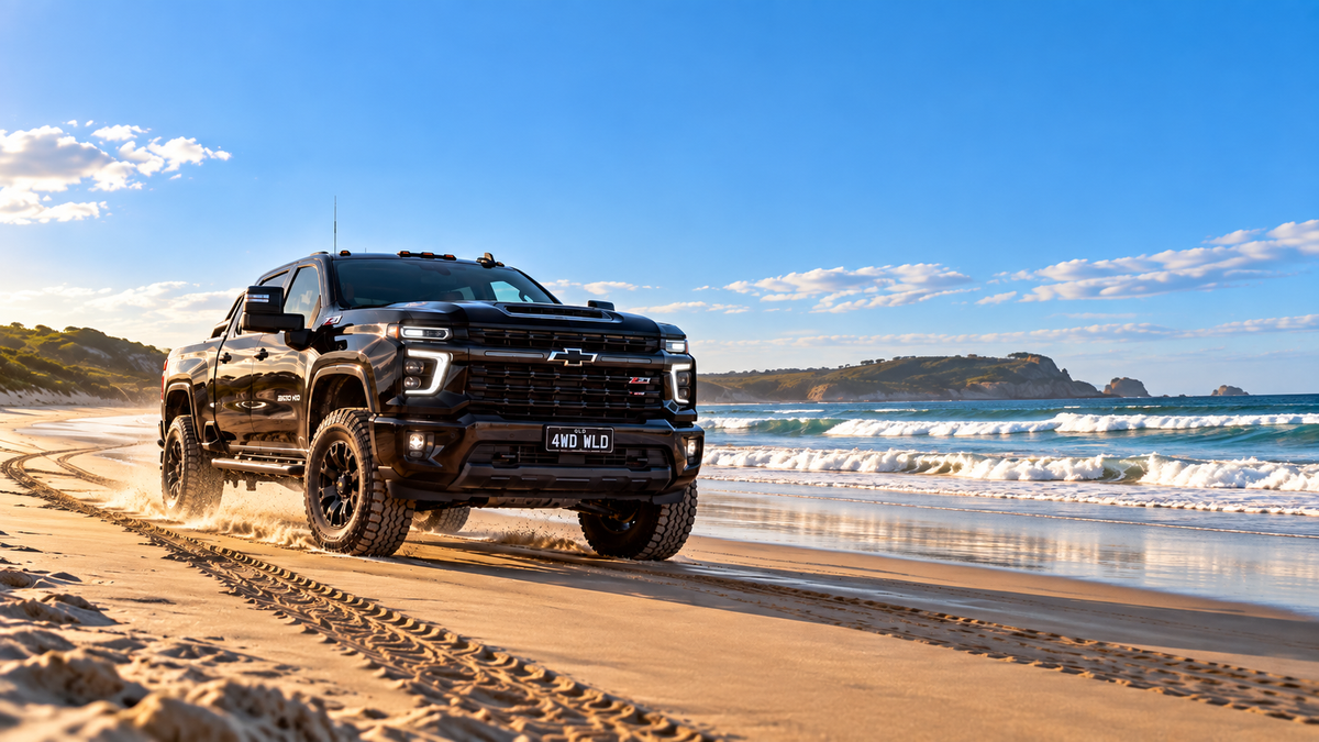 Black Chevrolet Silverado 2500HD driving along a sandy beach with tyre tracks behind it and ocean views to the right.
