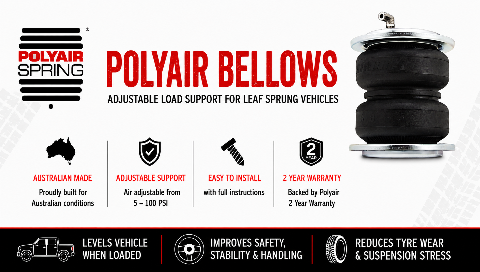 Polyair Bellows airbag suspension with 5–100 PSI adjustable load support for leaf sprung vehicles