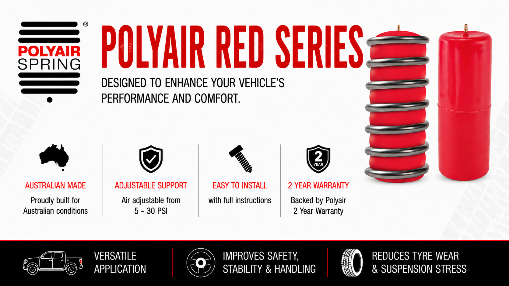 Polyair Red Series in-coil airbag suspension with 5–30 PSI adjustable support for improved vehicle performance and comfort
