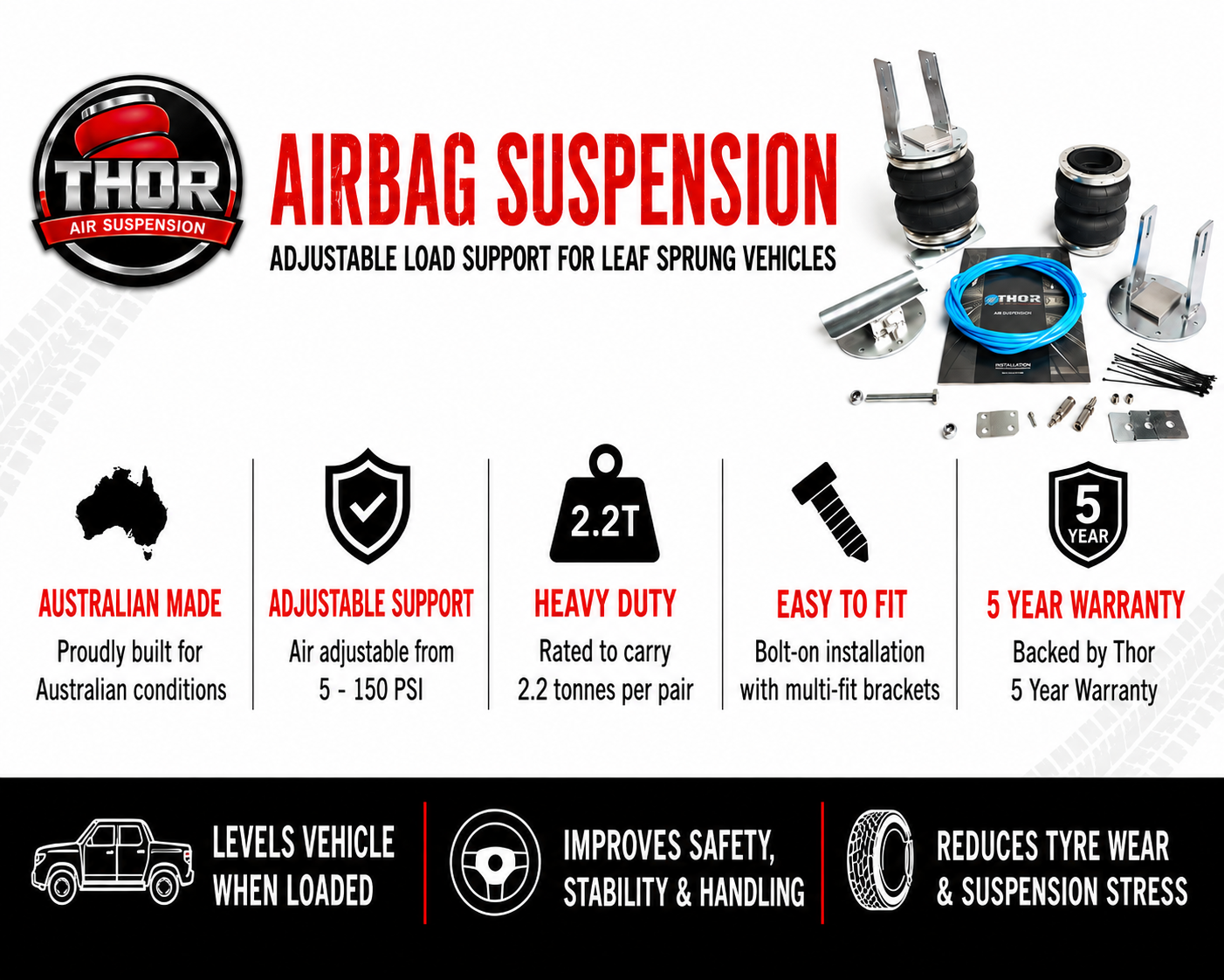Thor Air Suspension airbag load support kit for leaf sprung vehicles with adjustable 5–150 PSI support and heavy-duty components.