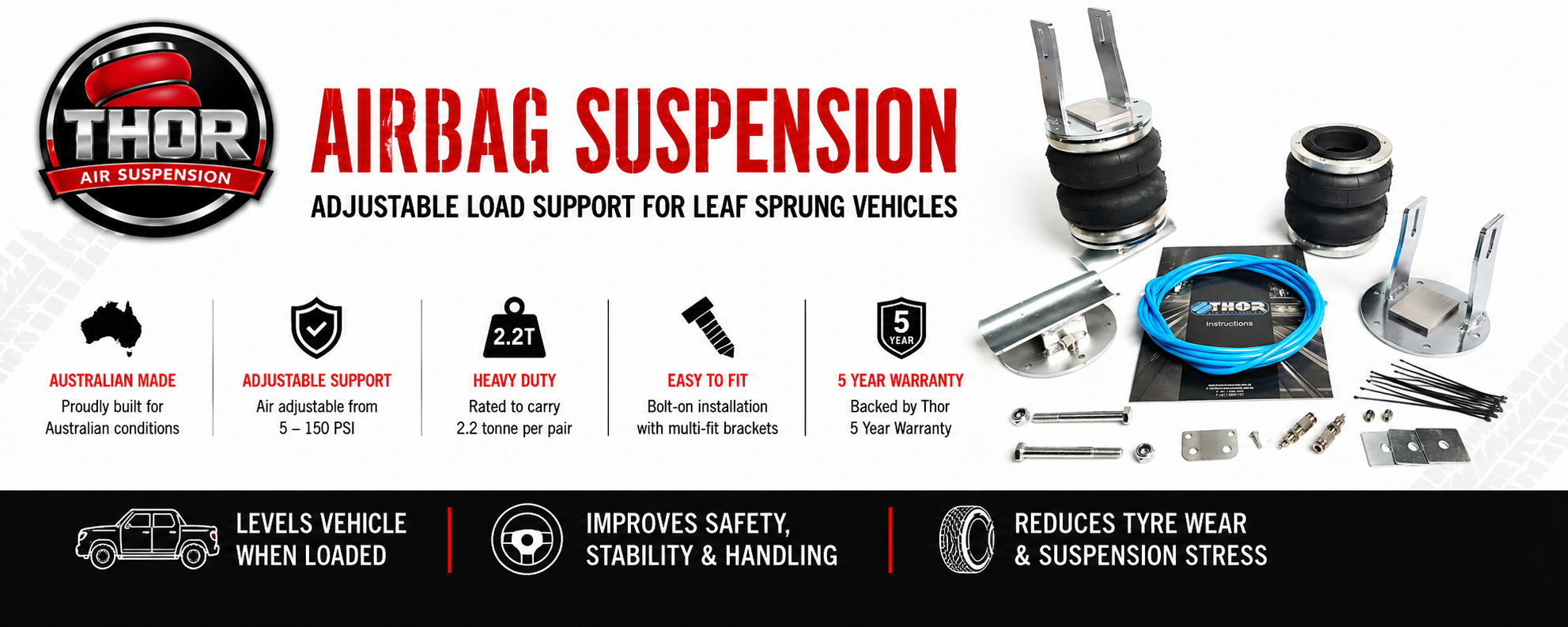 Thor Air Suspension airbag load support kit for leaf sprung vehicles with adjustable 5–150 PSI support and heavy-duty components.